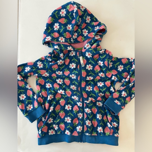 Mini Boden Other - Mini Boden Toweling Blue Strawberry Flowers Zip Up Hoodie, 7/8